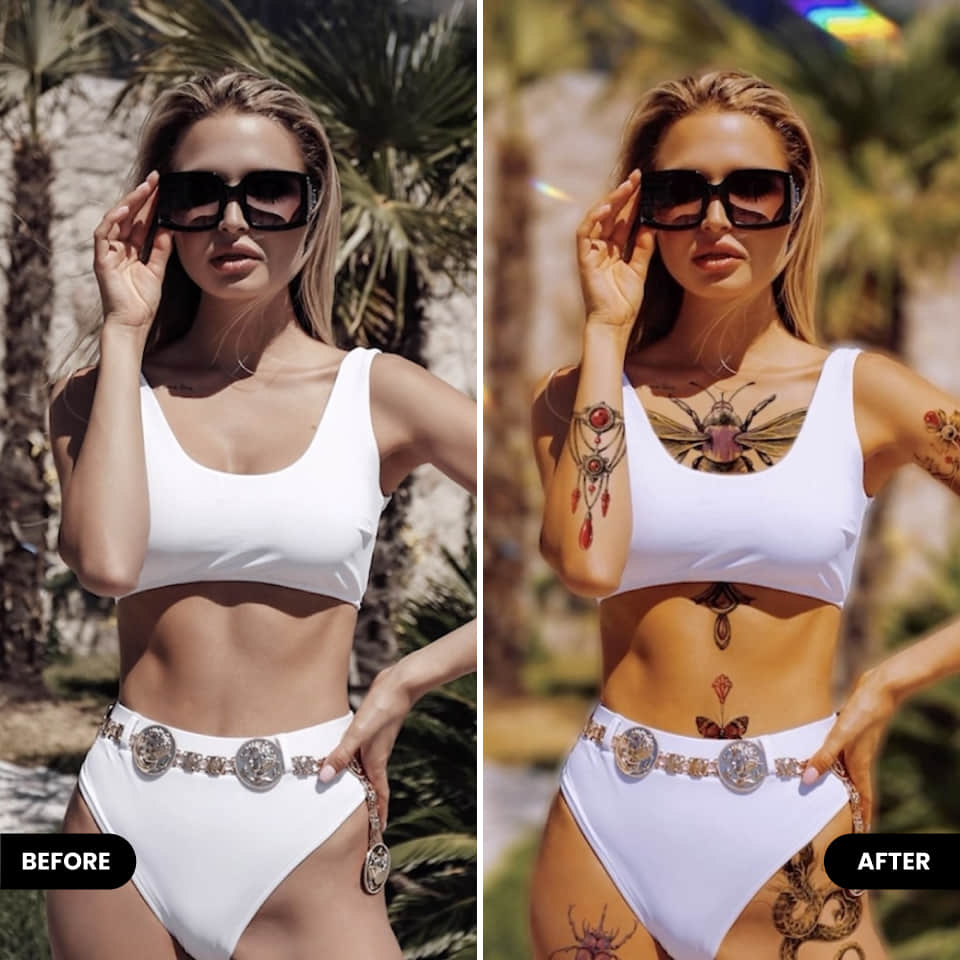 before and after photo of add Tattoos to body with BeautyPlus