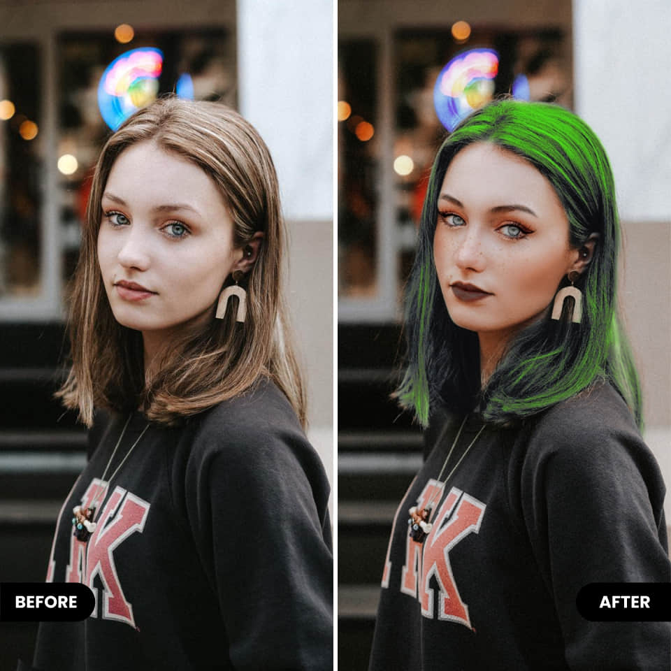 before and after photo of change hair color with BeautyPlus