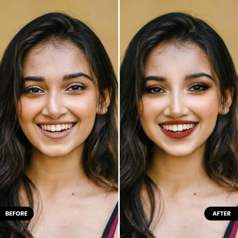 BeautyPlusで顔にメイクアップを使ったビフォー・アフター写真