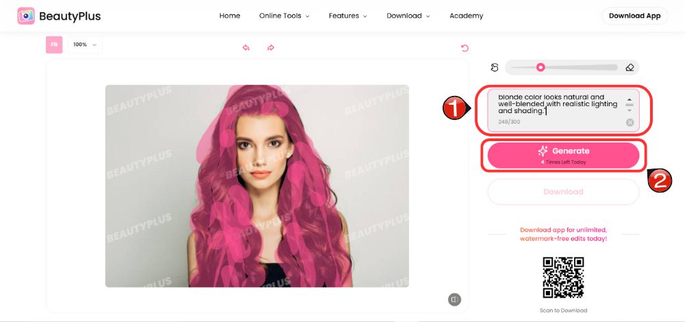 BeautyPlus Online-write the prompt you like to change hairstyle