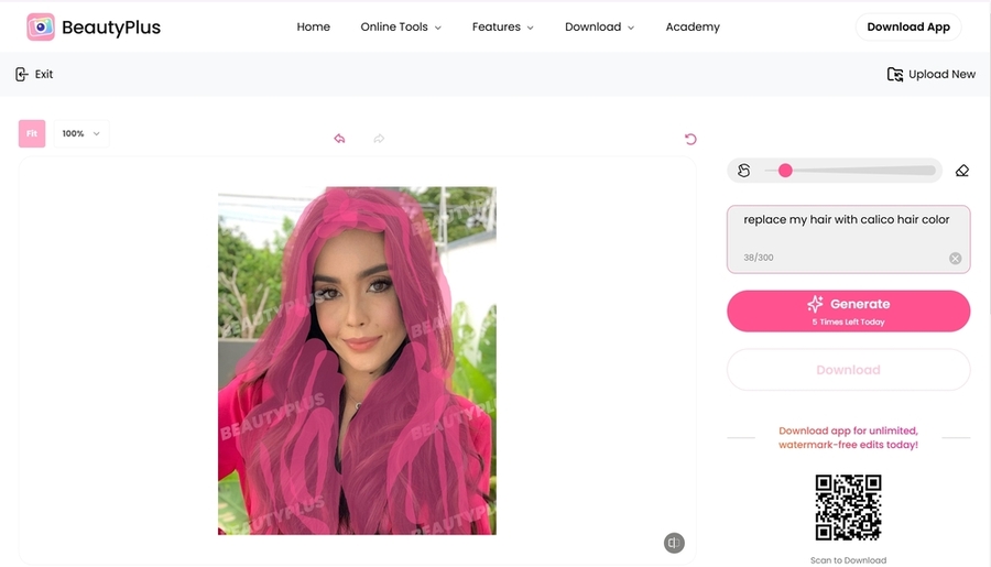 BeautyPlus online-Select Your Hair on the Crown Area And Give Command